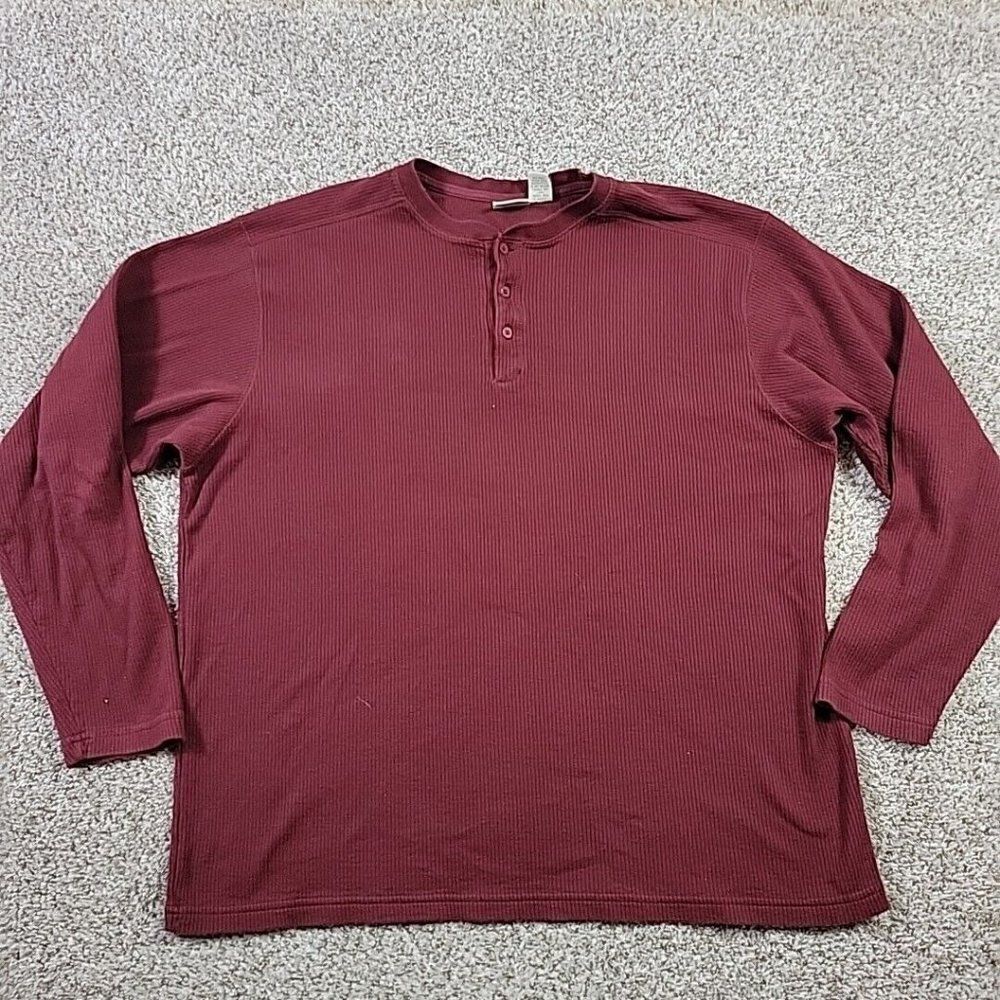 Vintage Fieldmaster Shirt Mens 2XL Burgundy Henley Ribbed Knit Long Sleeve
